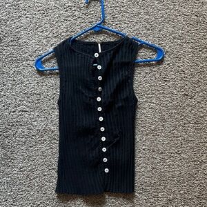 Free People Black Ribbed Button-Front Tank Top